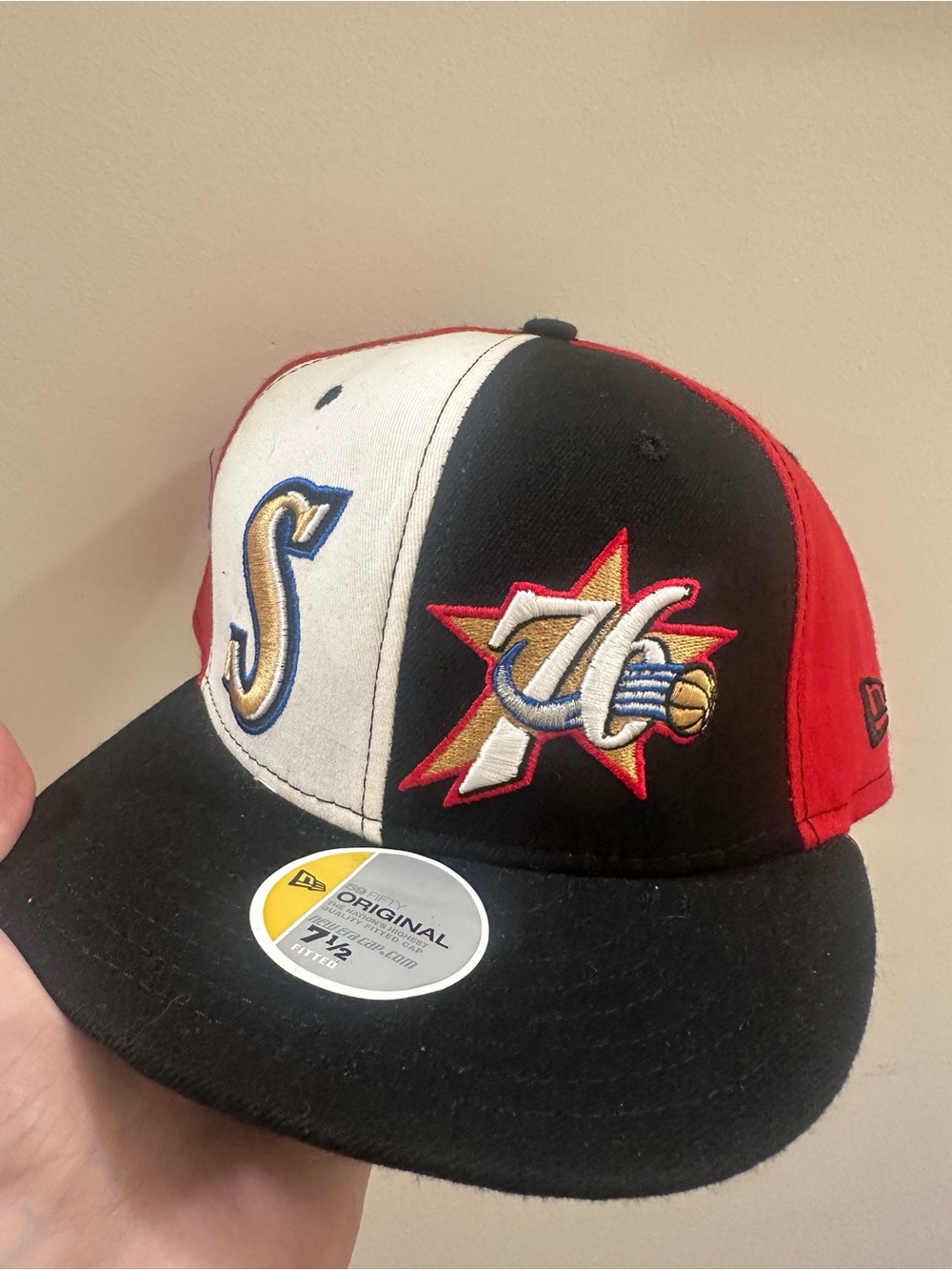 New Era Tri-Panel Black/Red/White Baseball Cap Philadelphia 76ers 7 1/2 hat